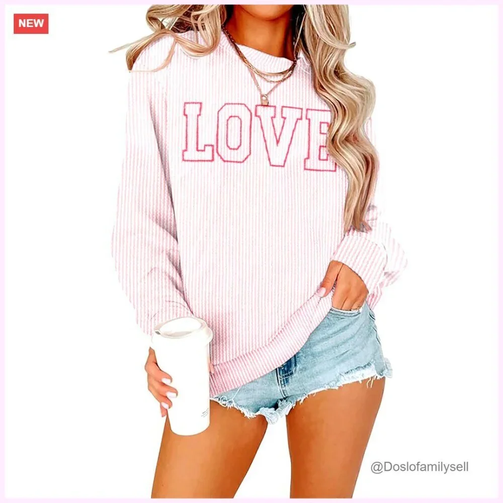 Love Embroidered Sweatshirt Women's Lightweight Pullover Valentine Casual Top